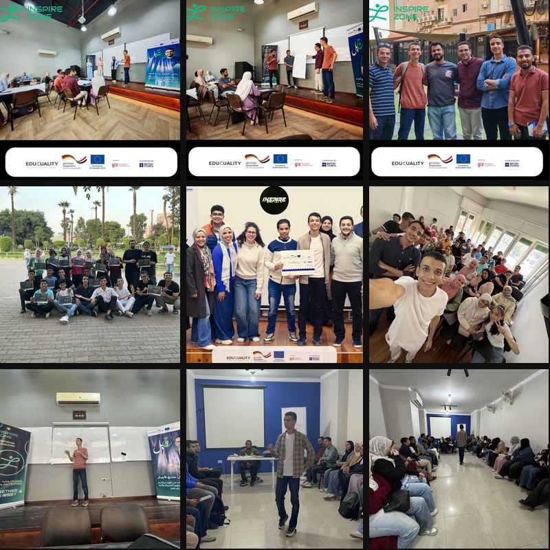 Nine photographs of Yousef leading workshops, working with participants, and standing with training groups.
