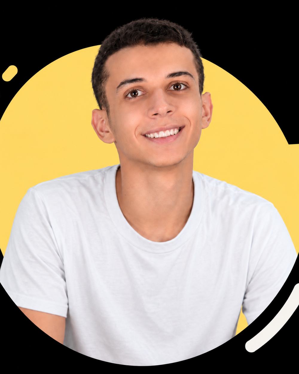 Yousef smiling in a white T-shirt against a yellow speech-bubble graphic.